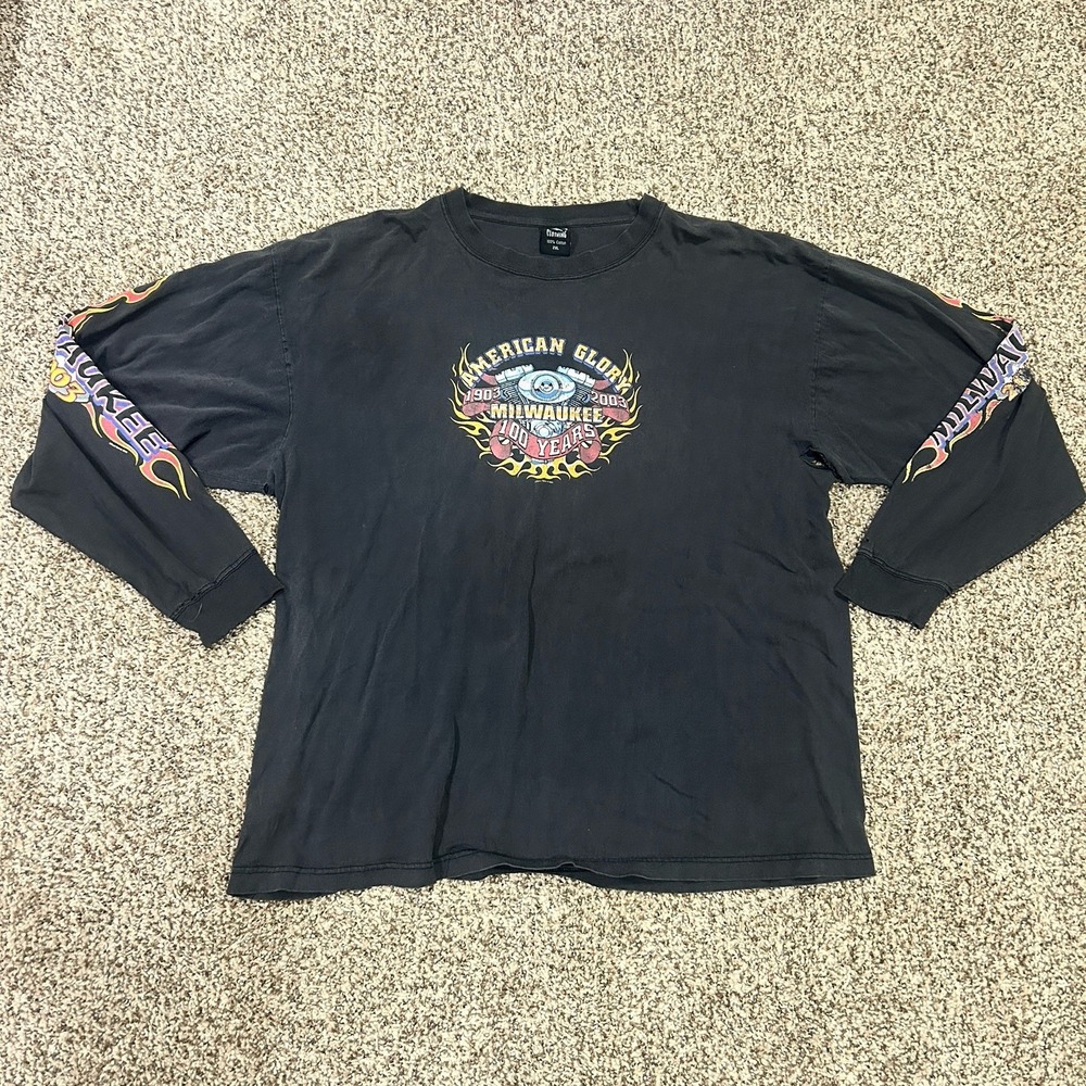 VTG Motorcycle Long Sleeve T Shirt Men's 2XL 100 Year Anniv. Milwaukee Thrashed